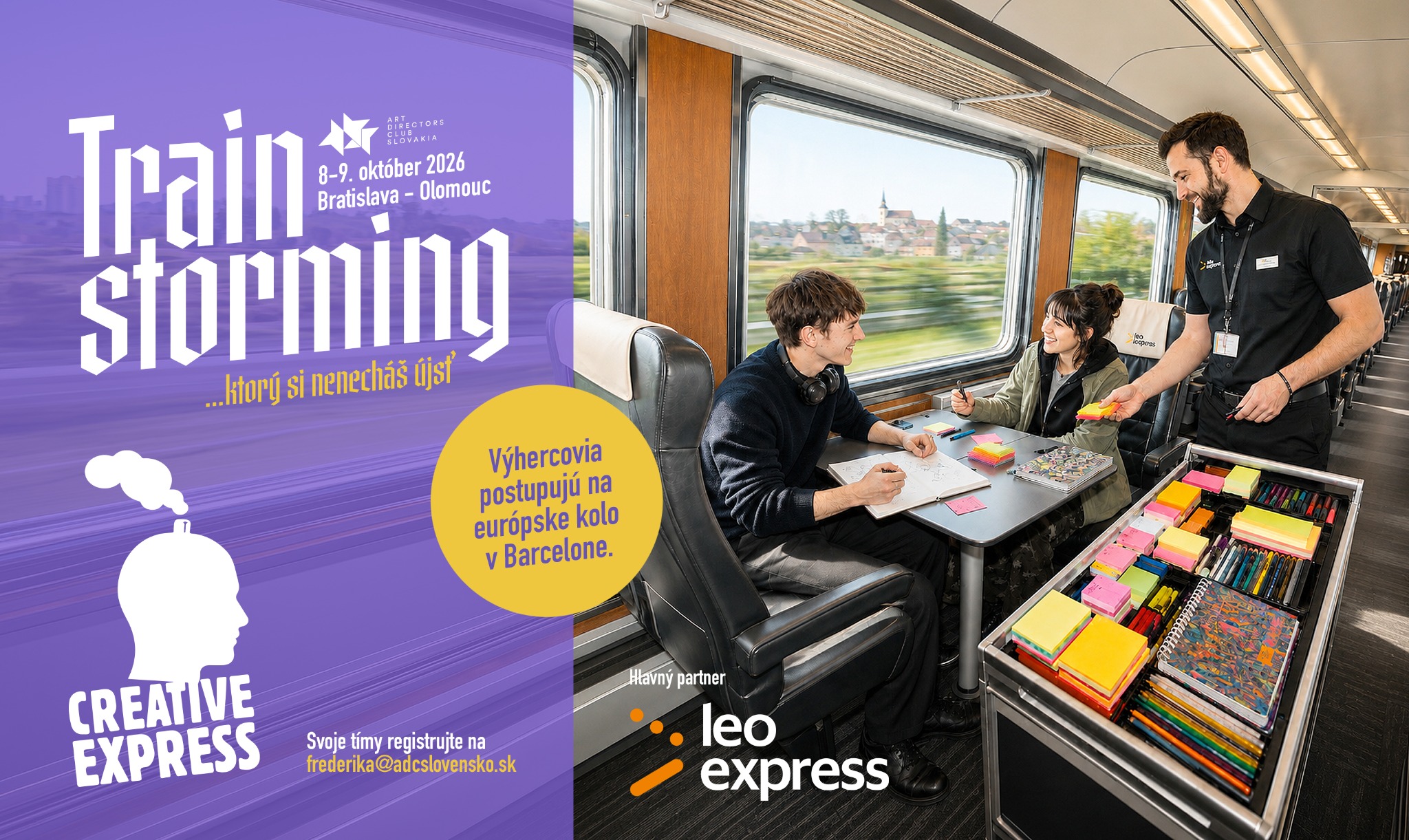 Mladý kreatívny tím pracuje na nápadoch vo vlaku Leo Express